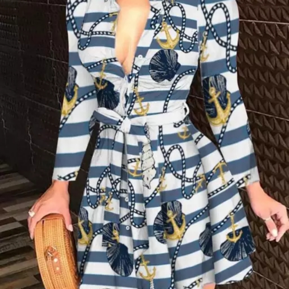 Blue stripes  chain print dress